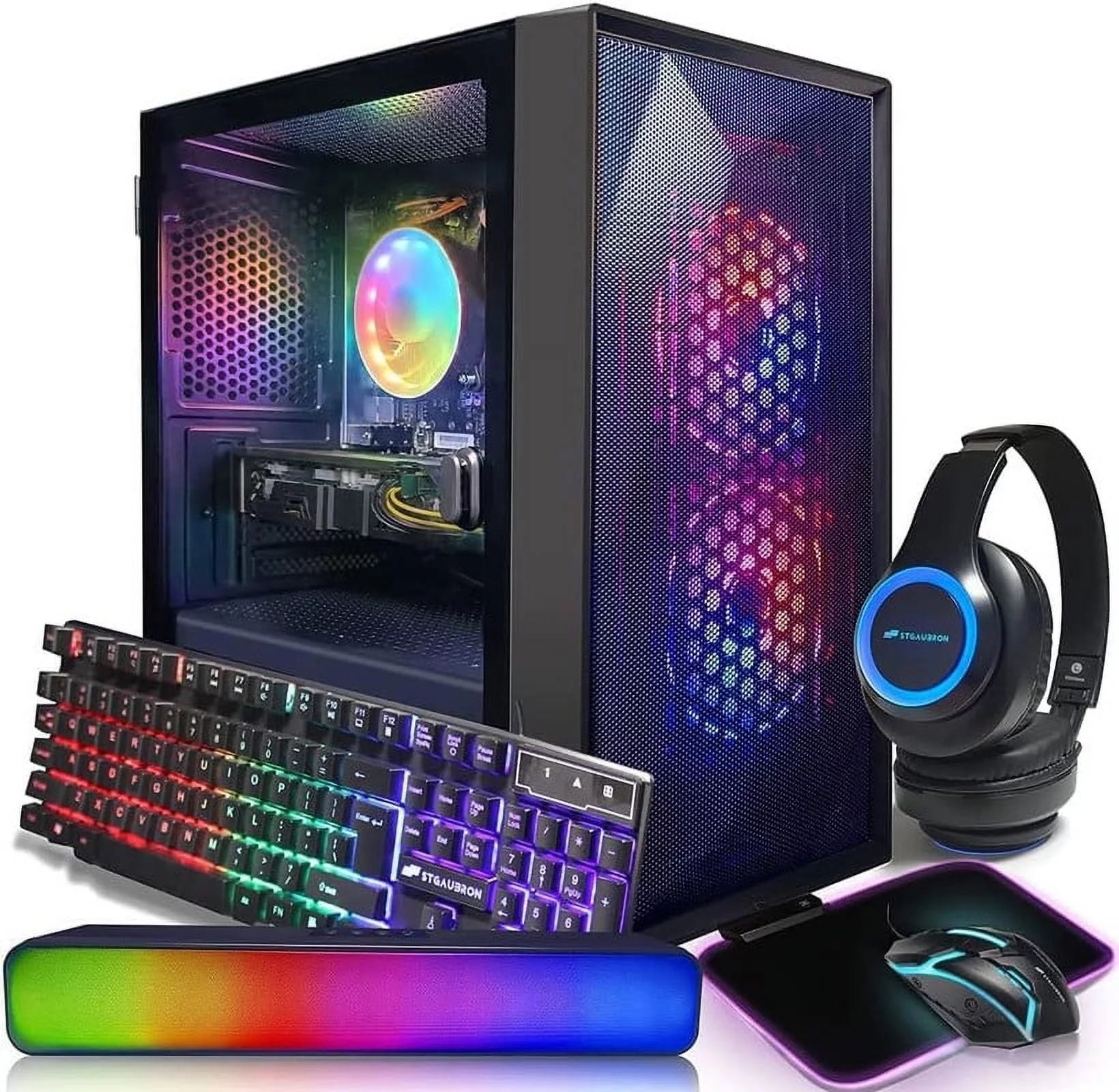 STGAubron Gaming,Intel Core I3-10100F up to 4.3G,Radeon RX 5500XT 8G GDDR6,16G DDR4,512G SSD,WiFi,BT 5.0,RGB Fanx3,RGB Keybaord&Mouse&Mouse Pad,RGB Bluetooth Sound Bar,RGB Bluetooth Gaming Mic,W11H64