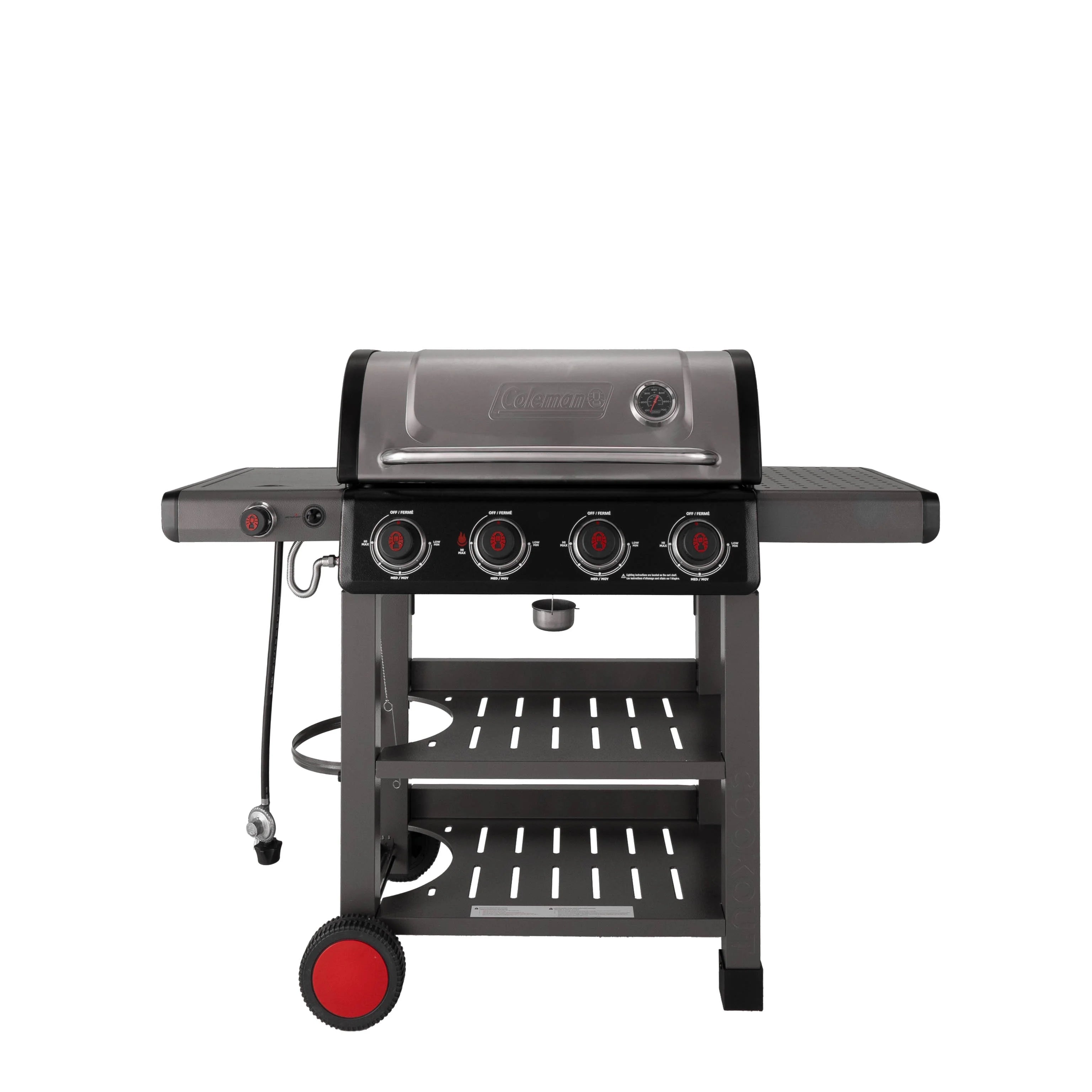 Coleman Cookout 4-Burner Propane Gas BBQ Grill with Side Burner & Storage Shelves 36,000 BTU, Stainless Steel, Black