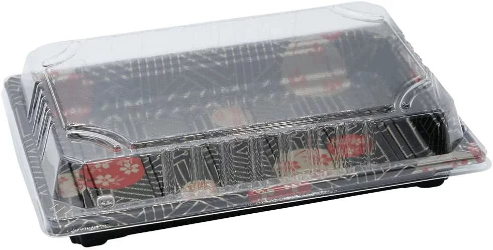EcoQuality Large Black Sushi Trays with Lids 8.5 x 5.5 Inch - Disposable Sushi Packaging Box, Carry Out Container, Take Out Boxes, Black Plastic To Go Containers, Entrees, Appetizers or Desserts (50)