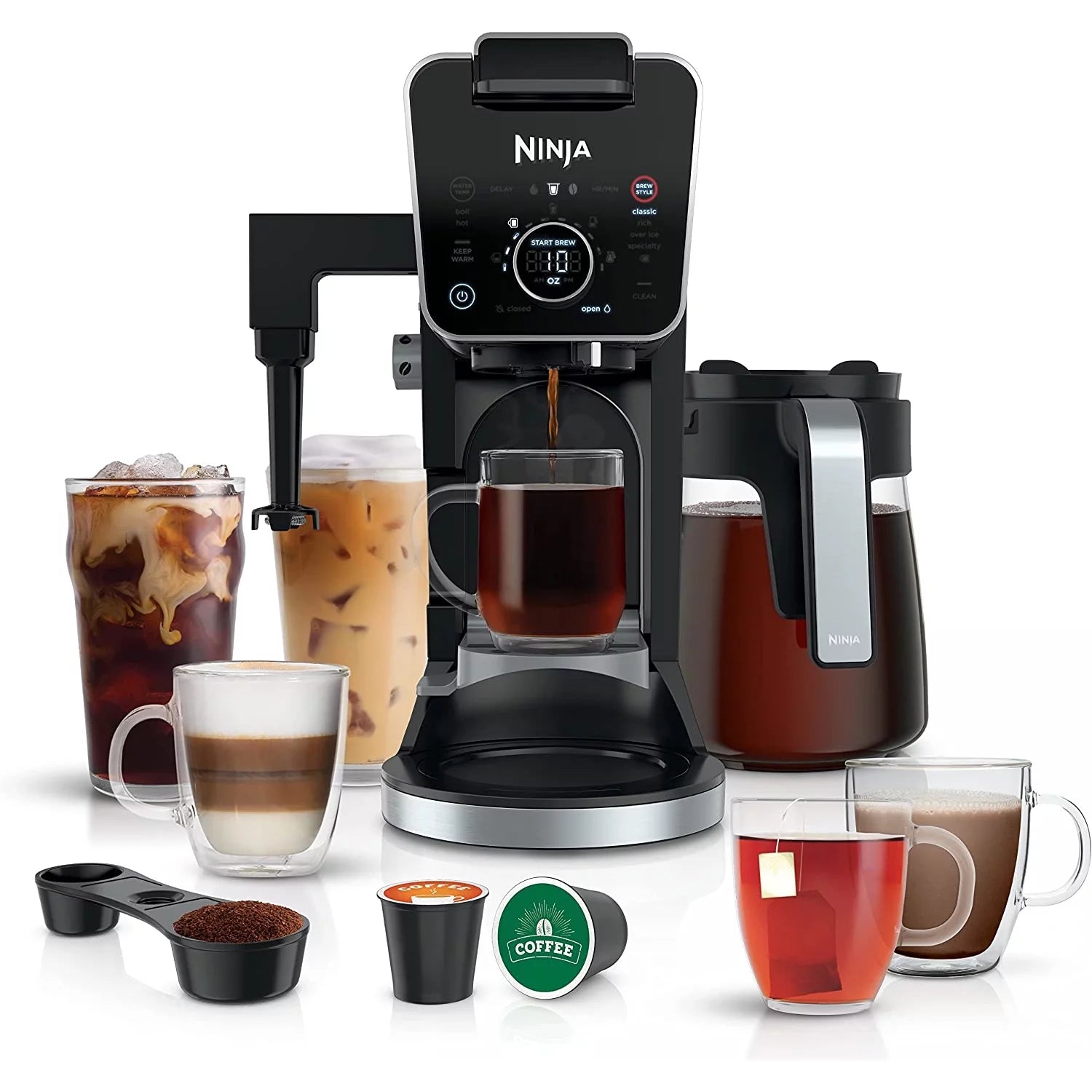 Open Box Ninja CFP301 DualBrew Pro Specialty 12-Cup Drip Maker with Glass Carafe, Single-Serve Grounds, compatible with K-Cup pods, with 4 Brew Styles, Frother and Separate Hot Water System, Black