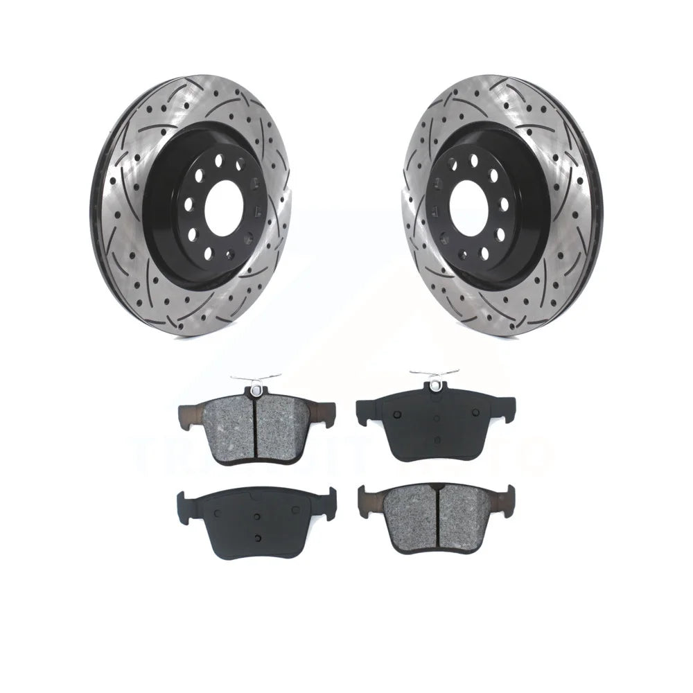 Transit Auto - Rear Coated Drilled Slotted Disc Brake Rotors And Semi-Metallic Pads Kit For Volkswagen Atlas Audi Golf R S3 Q3 A3 Arteon TTS Quattro Cross Sport KDS-100590