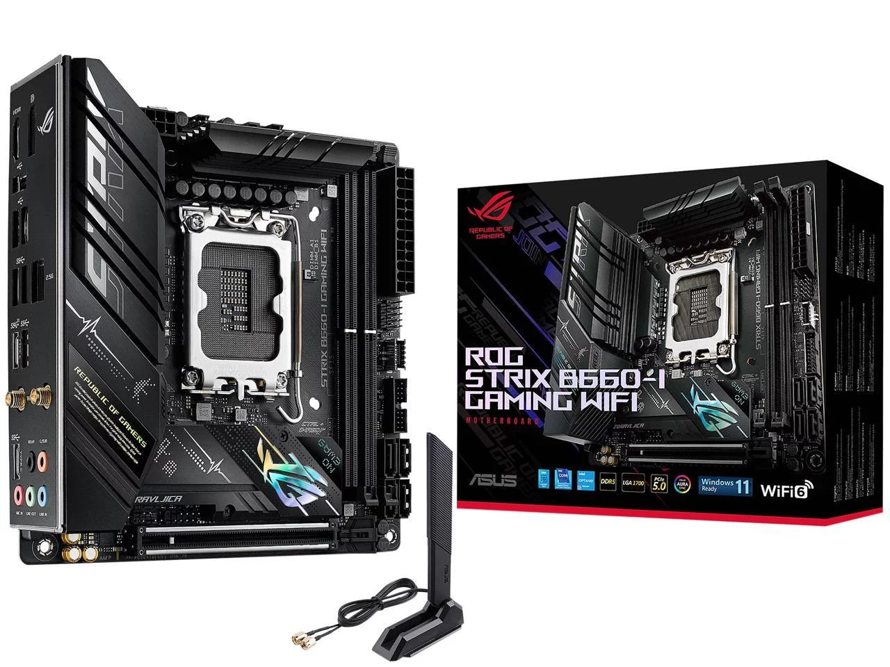 ASUS ROG STRIX B660-I GAMING WIFI LGA 1700 (Intel 12th & 13th Gen) Mini-ITX Gaming Motherboard (PCIe 5.0, 8+1 power stages, DDR5, WiFi 6, 2.5 Gb LAN, 2xM.2 PCIe 4.0 NVMe SSD support, USB 3.2 Gen 2x2