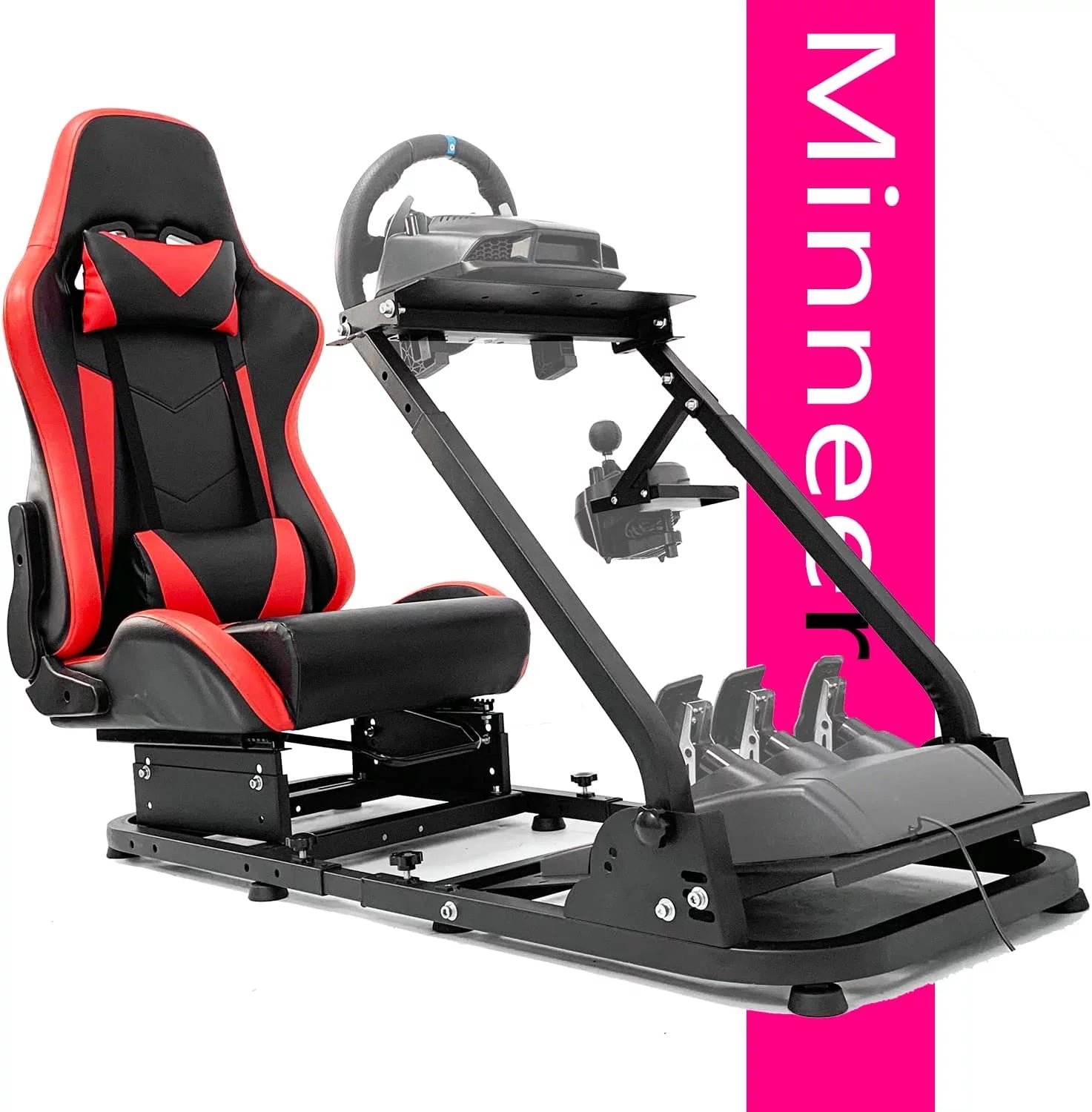 Minneer Racing Simulator Cockpit with Red Racing Seat Racing Wheel Stand Fits Logitech G25 G27 G29 Compatible with PC Platforms