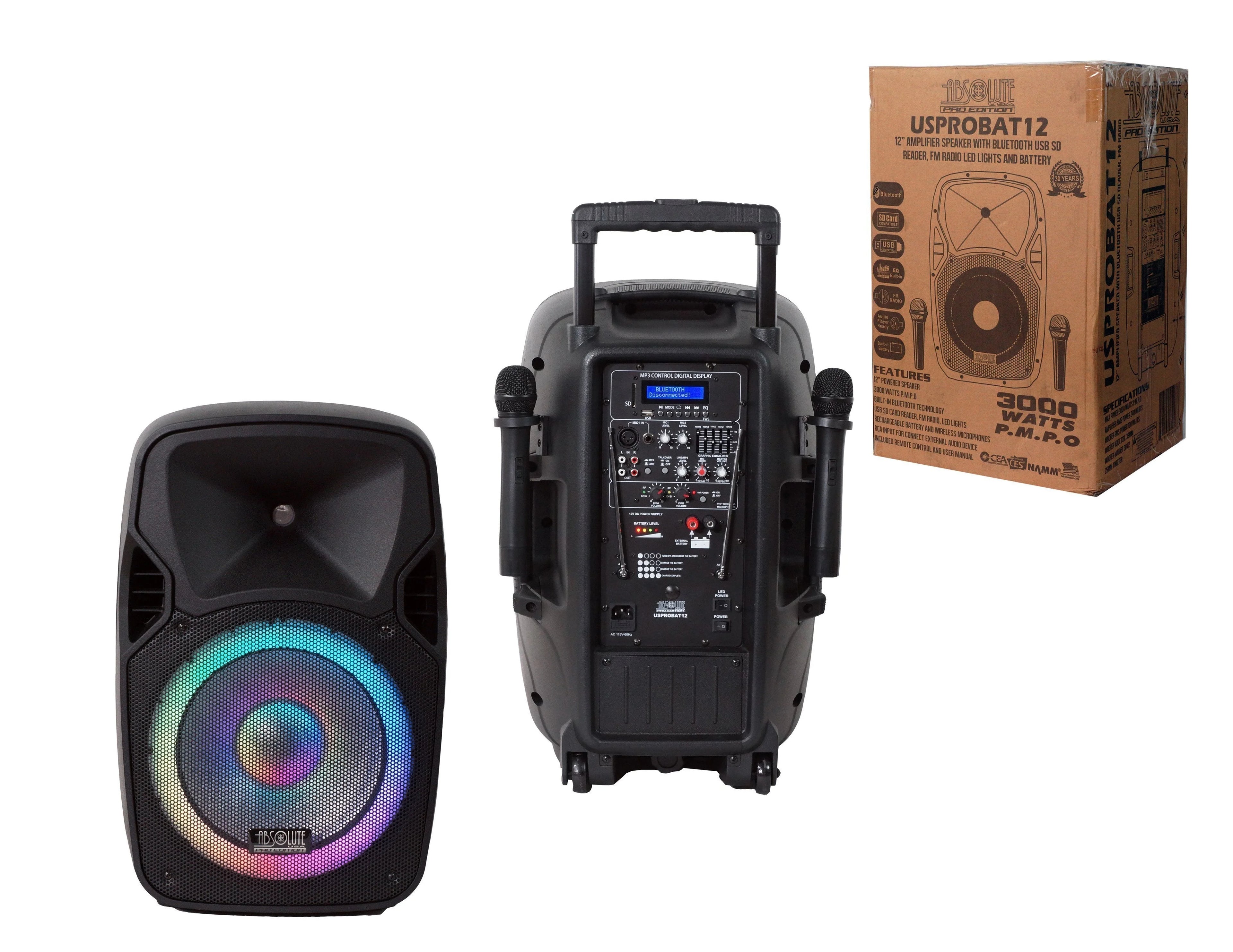 Absolute USA USPROBAT12 12 Wireless Portable PA Speaker System 3000W High Powered Bluetooth Indoor and Outdoor DJ PA Sound Stereo Loudspeaker USB SD MP3 AUX Input Flashing Party Light & FM R