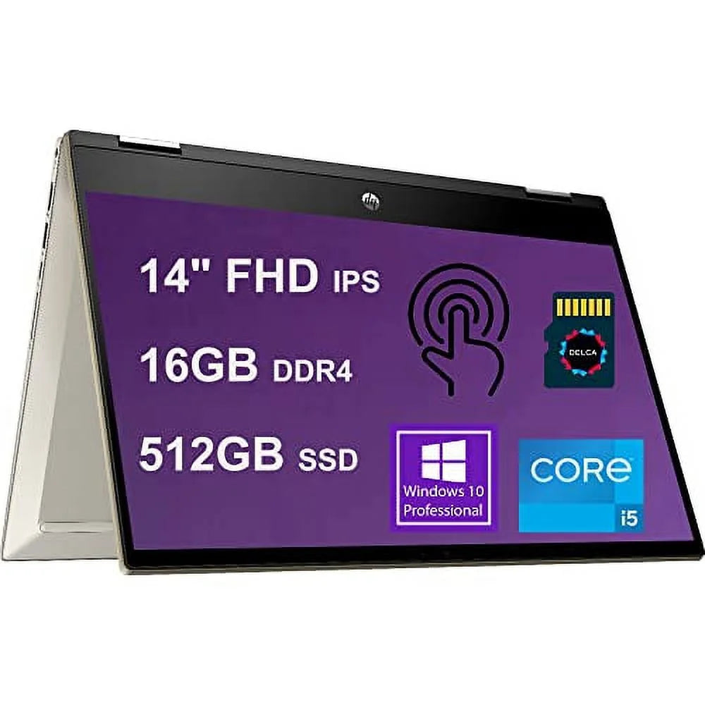 HP Premium Pavilion X360 14 2-in-1 Laptop 14inch FHD IPS Touchscreen | 11th Gen Intel 4-Core i5-1135G7 (> i7-1065G7) 16GB DDR4 512GB SSD Backlit Fingerprint USB-C Win10 Pro Gold + 32GB Micro SD Card