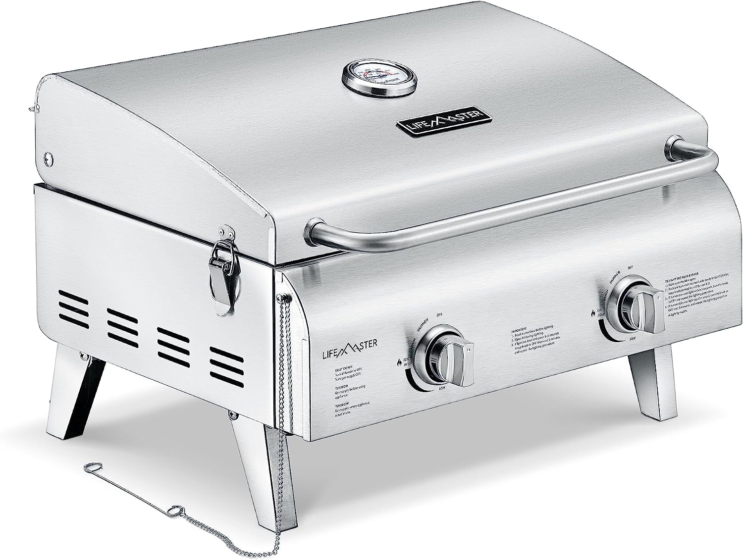 Portable Grill ¨C Table Top Stainless Steel Propane Gas BBQ for Camping and Outdoor ¨C 2 Burners ¨C20,000 BTU Power - Folding Legs ¨C Wind Proof Lid ¨C Easy Clean ¨C Silver - By Lifemaster