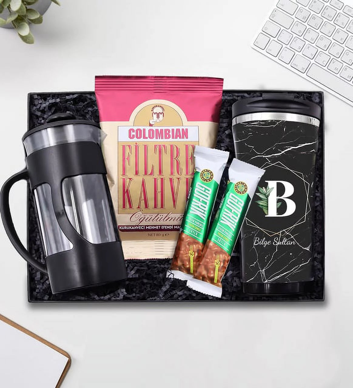 Personalized 450 ml Marble Patterned Steel Thermos & Black French Press & Colombian Fresh Filter Coffee & 2 Piece Wfric Chocolate Gift Set