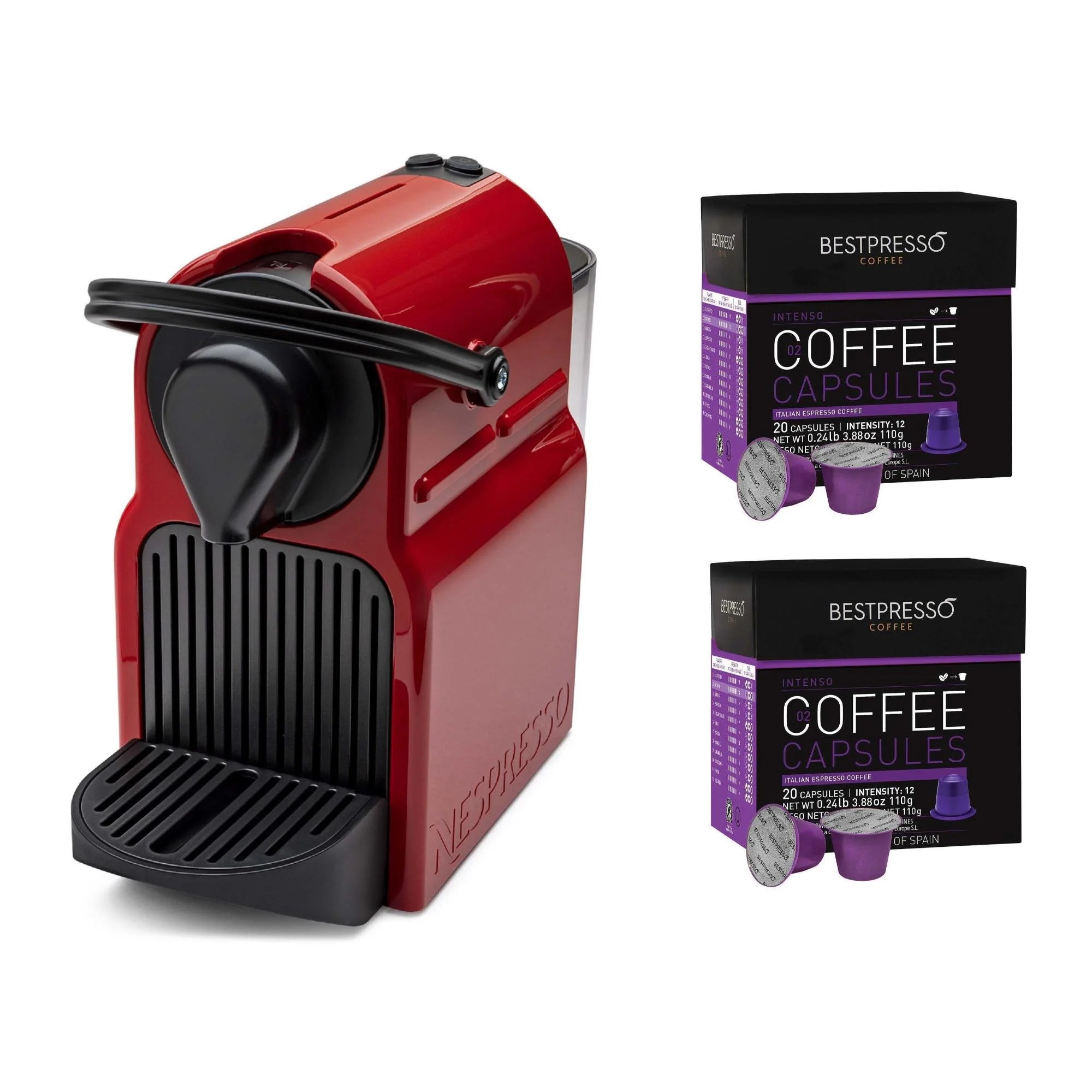 Nespresso Inissia Espresso Maker (Red) and Bestpresso 02 Intenso Coffee Capsules (40 Capsules)