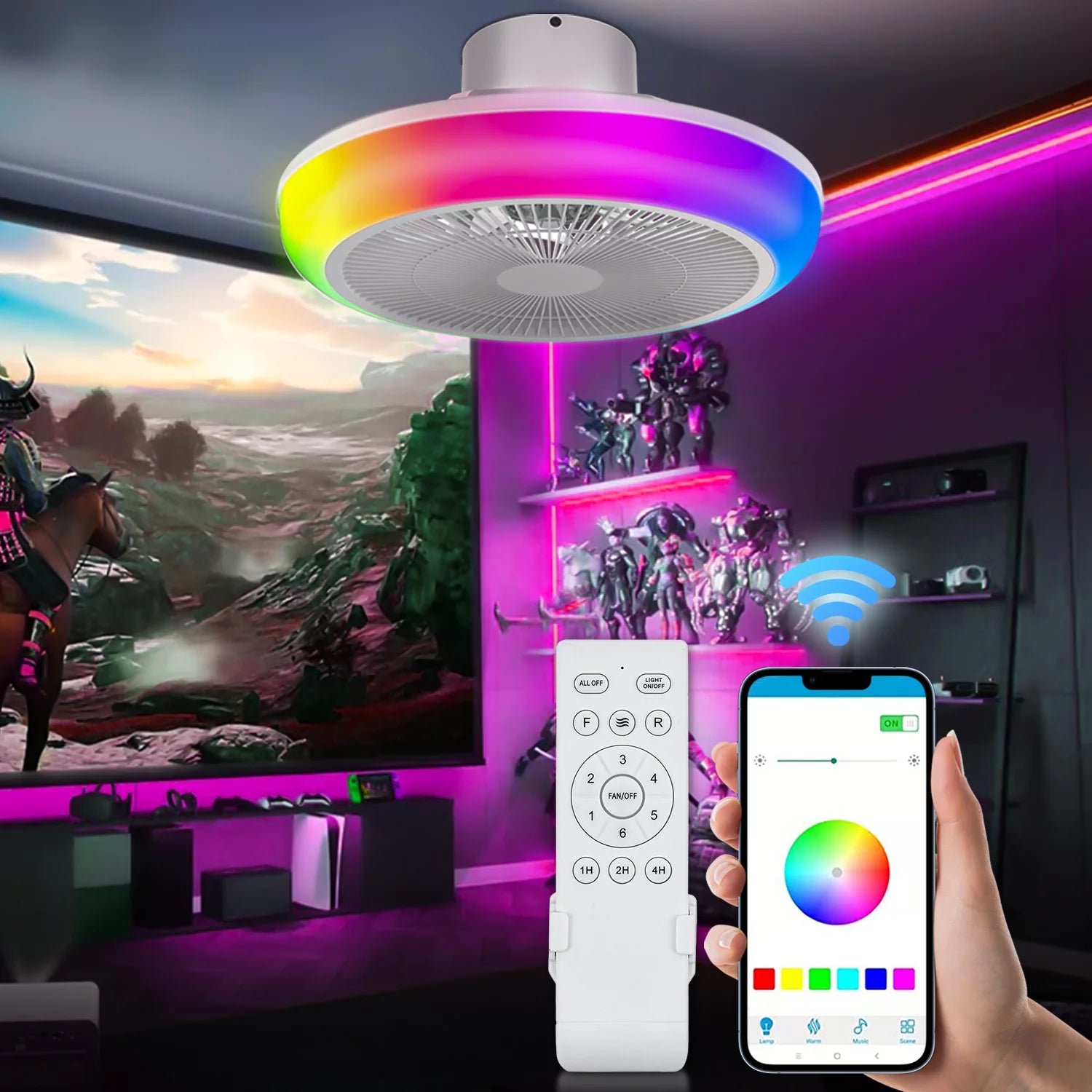 mollie Ceiling Fan with Lights and Remote, RGB Dimmable LED Enclosed Ceiling Fans with Bluetooth Speaker, RGB 7 Colors LED Light, 6 Wind Speeds & App Timing Setting, White