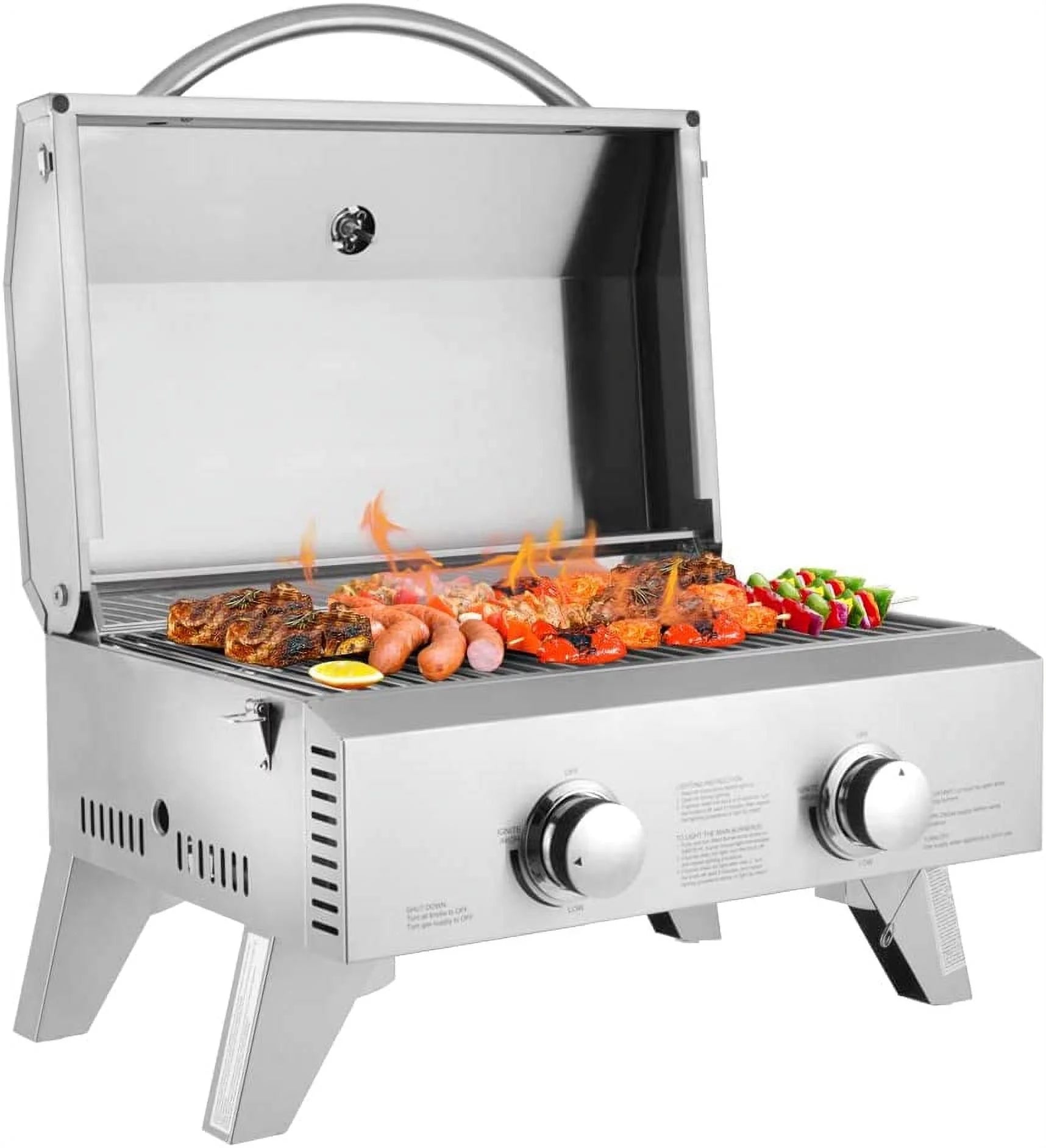 ROVSUN Extra Large 20,000 BTU Portable Gas Grill, 2 Burner Tabletop Propane Griddle with Foldable Legs, Regulator & Full Stainless Steel for Home Outdoor Picnic Camping Trip, Patio Garden BBQ