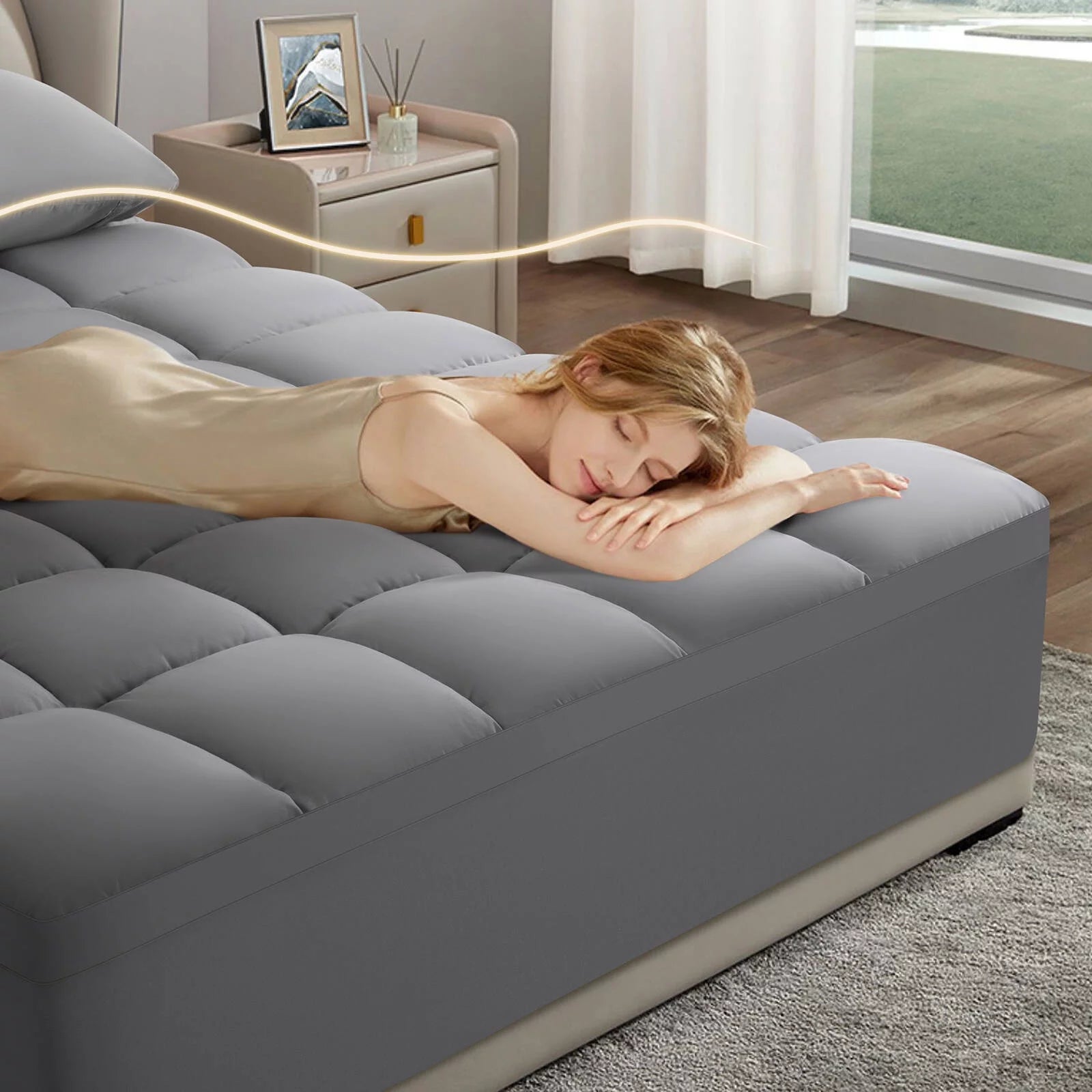 LBR02M Extra Thick Mattress Topper, Cooling Mattress Pad Cover with 8-21 Deep Pocket, Overfilled Down Alternative Filling, Full, Gray