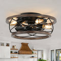 Rustic Wood Caged Ceiling Fan with Dimmable Light and Remote Control, Bella Depot 6-Speed Reversible Flush Mount Ceiling Fan