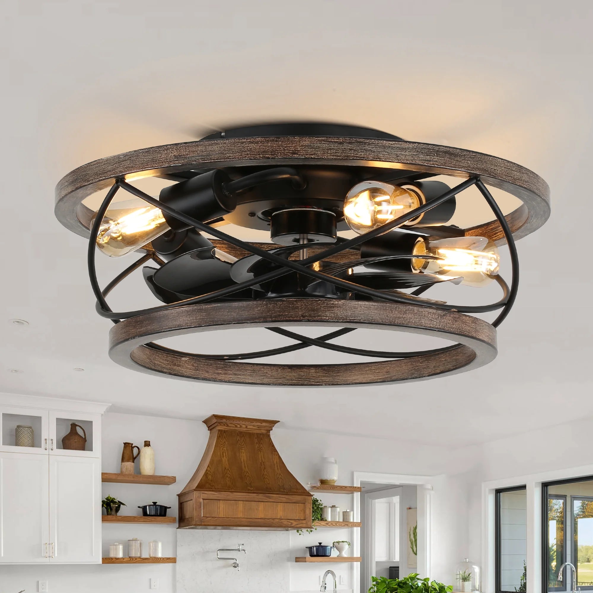 Rustic Wood Caged Ceiling Fan with Dimmable Light and Remote Control, Bella Depot 6-Speed Reversible Flush Mount Ceiling Fan