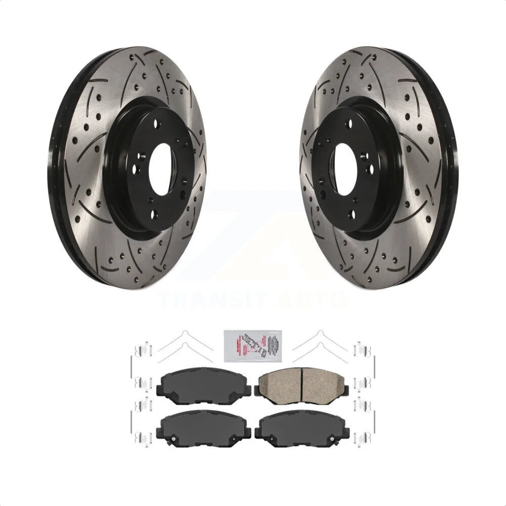 Transit Auto - Front Coated Drilled Slotted Disc Brake Rotors And Ceramic Pads Kit For Honda Civic CR-V Acura ILX KDA-100034