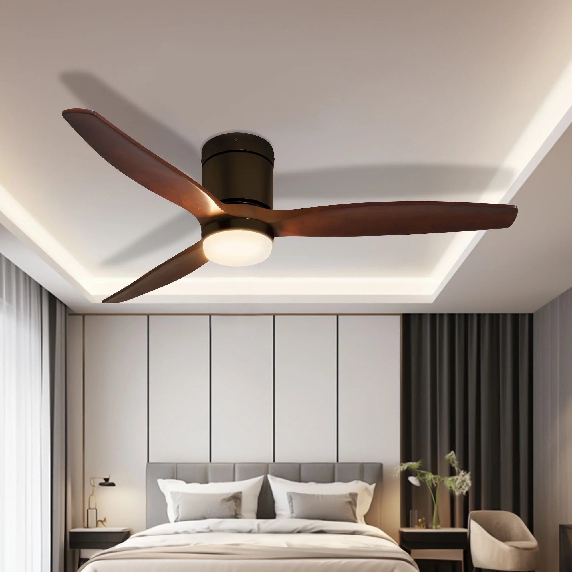 Dextrus Low Profile 52in Ceiling Fan with Light and Remote, 3 Blades, 6 Speed,Reversible Airflow,Flush Mount Fan Light - Walnut & Black