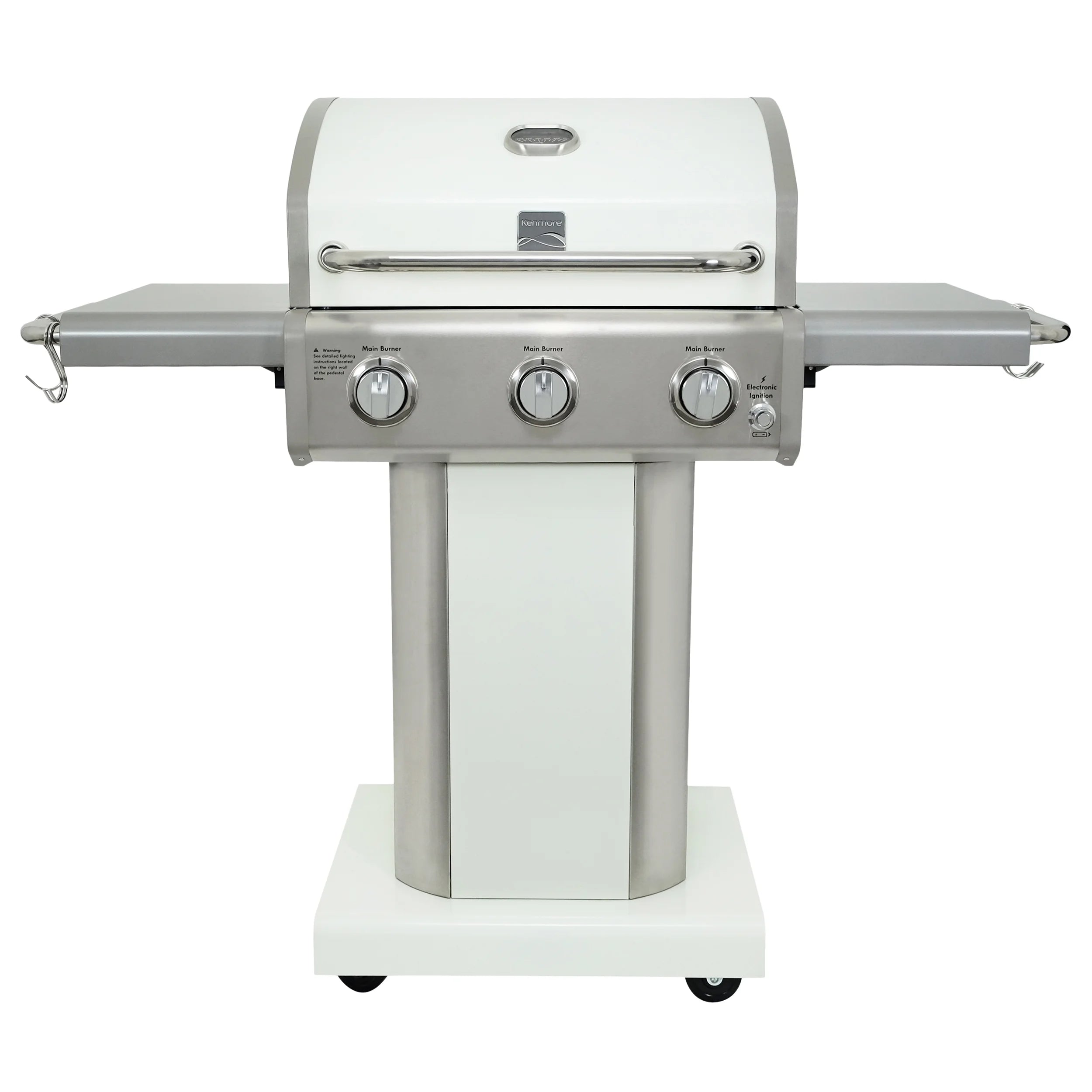 Kenmore 3-Burner Gas Grill, Outdoor BBQ Grill, Propane Grill with Foldable Side Tables, Pearl White