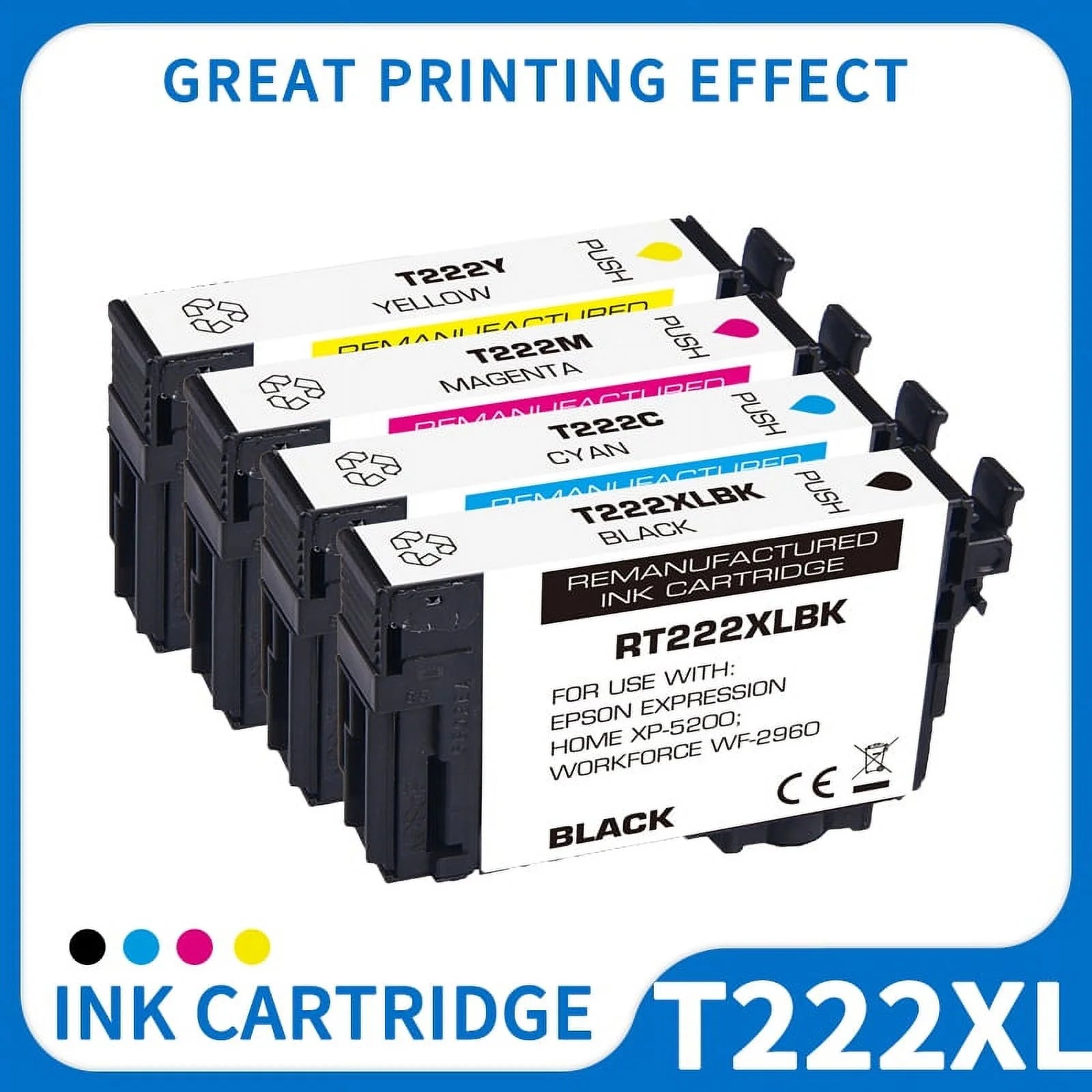 T222XL ink cartridge for Epson 222XL T222 ink cartridge for Printers Epson Expression Home XP-5200 Workforce WF-2960£¨Black,Cyan,Magenta,Yellow)4-PACK