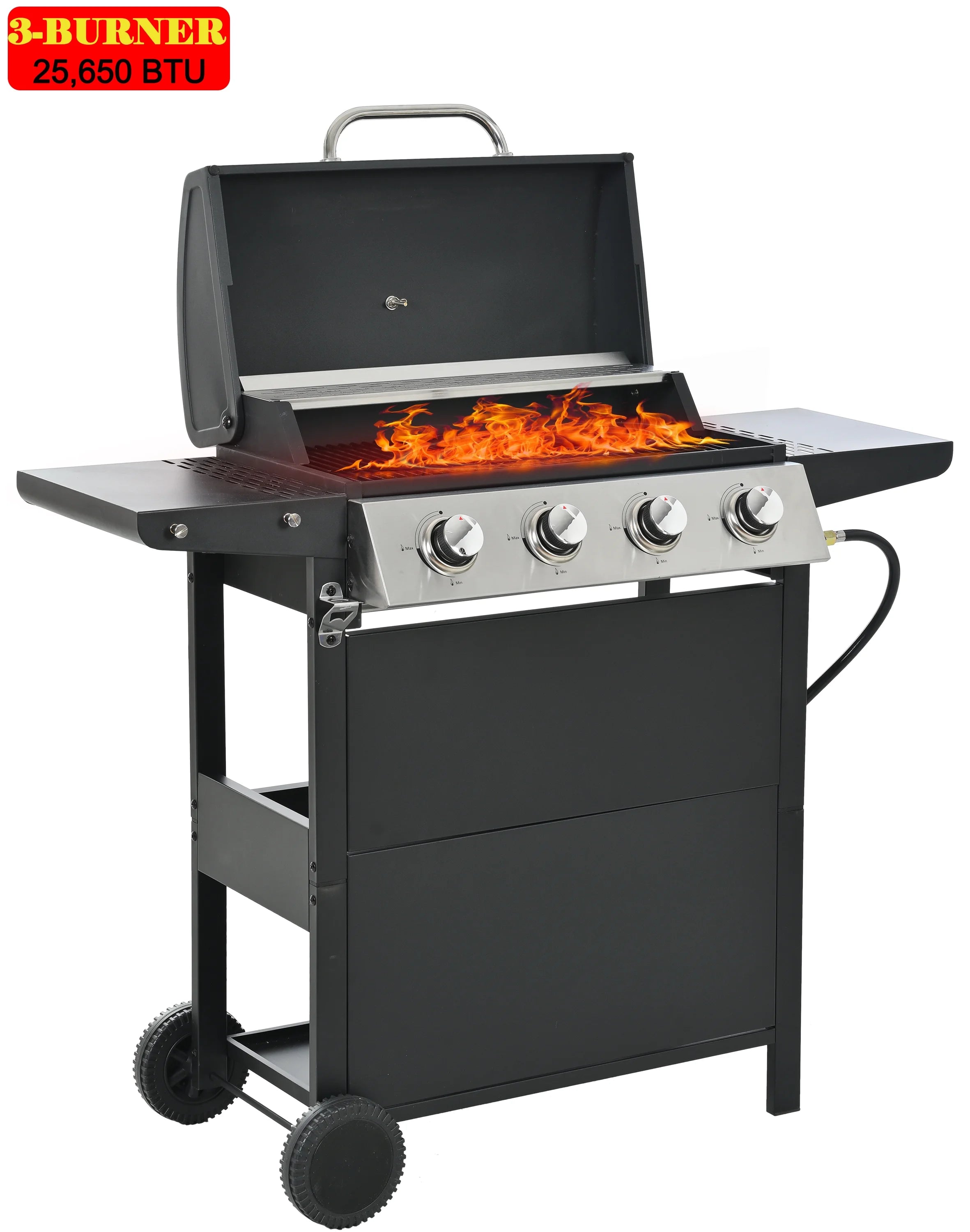 Propane Grill, Smokeless BBQ Grill w/4 Burners & Warming Area, Powerful 34,200BTU Camping Gas Grill on Wheels, Stainless Steel Outdoor Grill with Thermometer