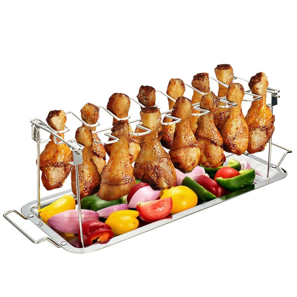 Emlimny Chicken Leg Wing Rack 14 Slots Stainless Steel Metal Roaster Stand with Drip Tray for Smoker Grill or Oven, Dishwasher Safe, Non-Stick, Great for BBQ, Picnic
