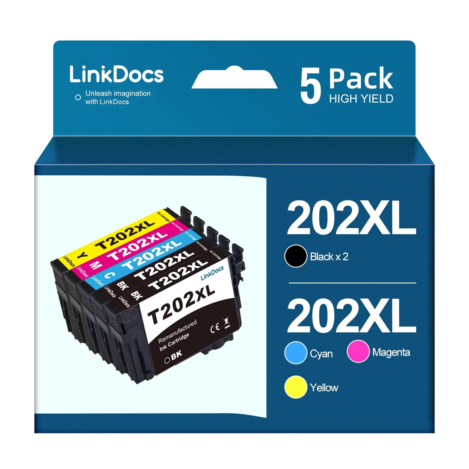 202xl Ink Cartridges with Latest Chips Replacement for Epson 202, 202XL T202XL work for Epson Expression Home XP-5100 Workforce WF-2860 Printer (5 Pack, 2 Black, 1 Cyan, 1 Magenta, 1 Yellow)