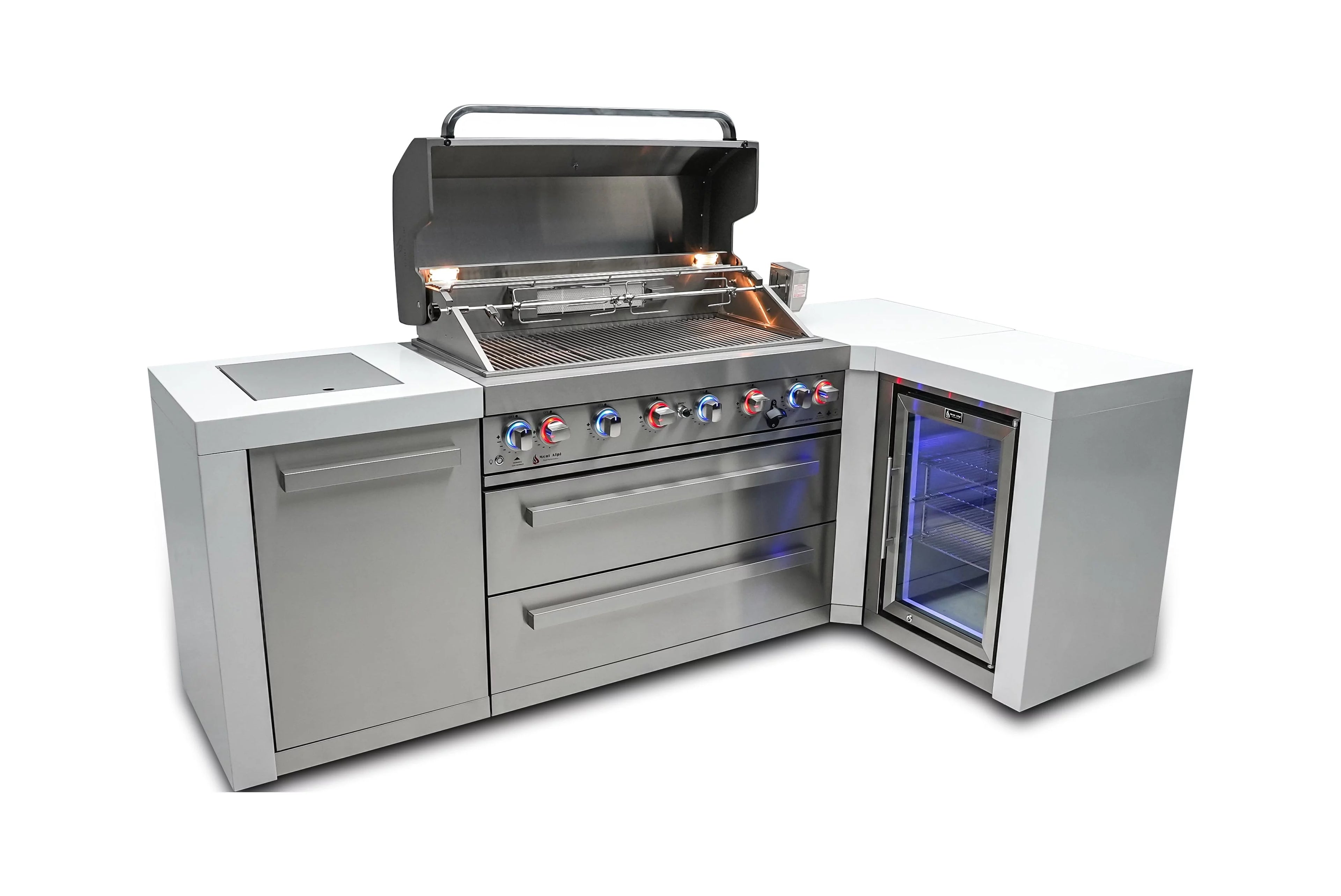 Mont Alpi 805 Deluxe island with 90 degree corner and fridge cabinet.