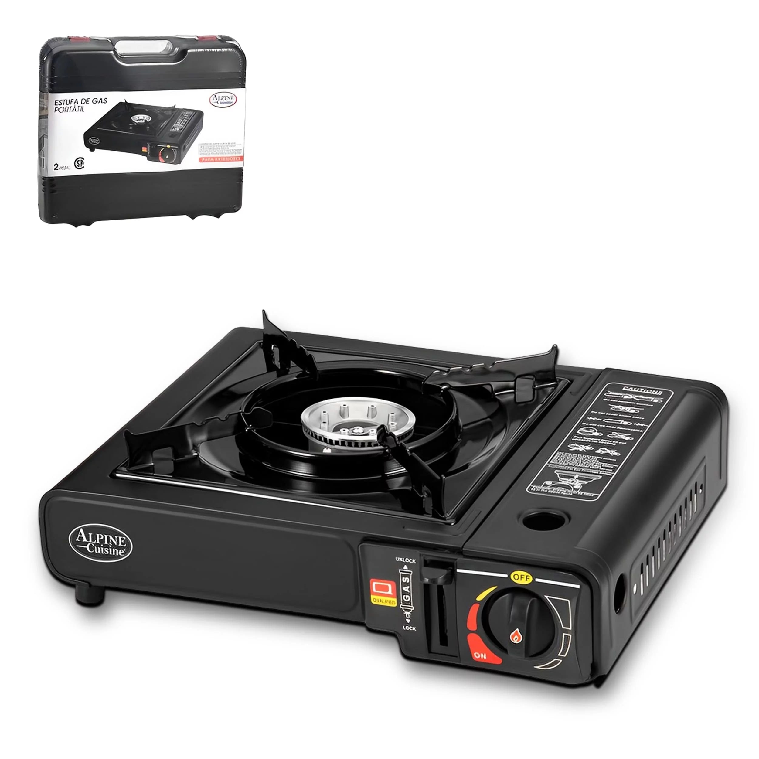 Alpine Cuisine Iron Butane Gas Stove with Customized Package, Camp Kitchen Equipment Emergency Gas Stove Burner, Portable Butane Automatic Ignition Indoor Outdoor Cooking Stove for Picnics Hiking