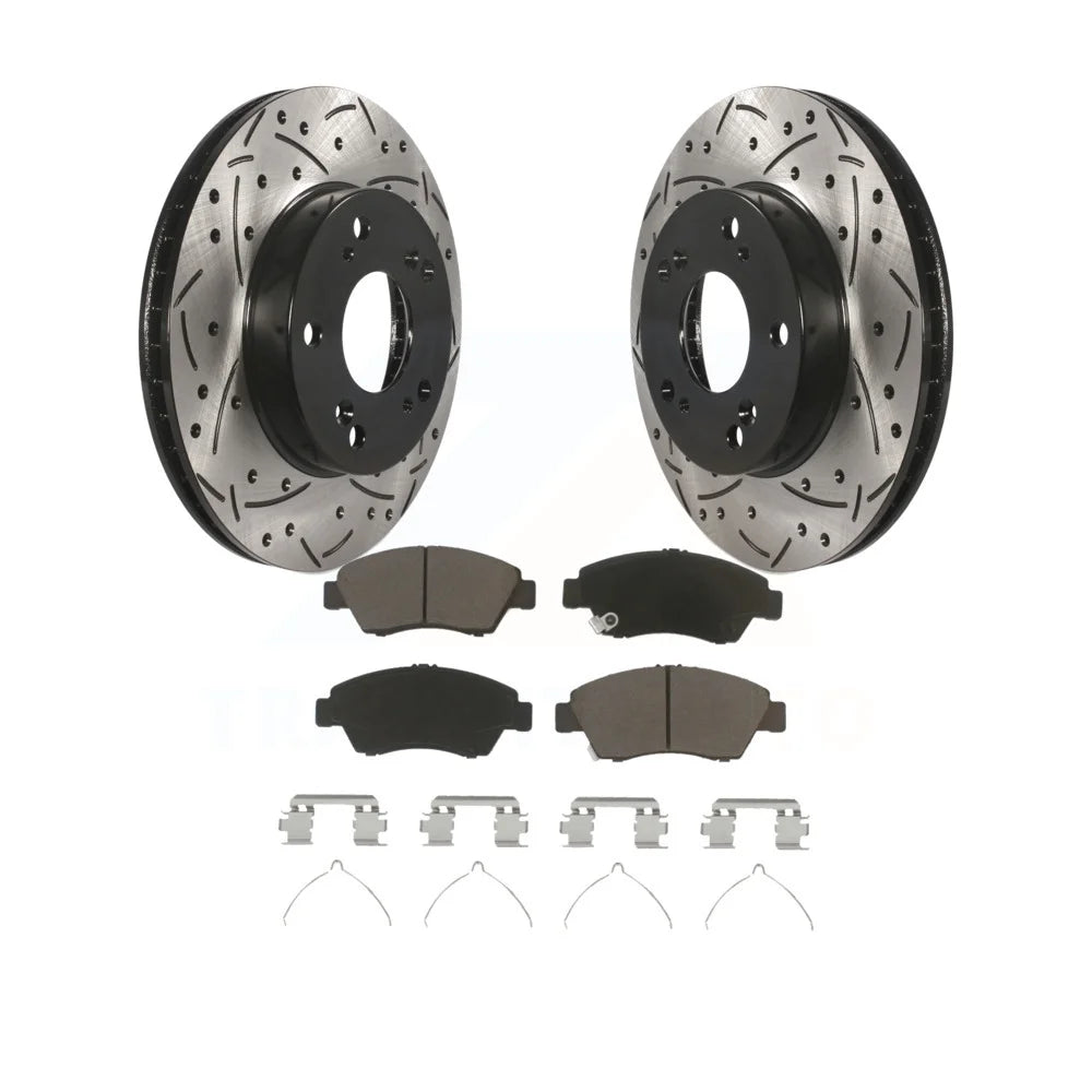 Transit Auto - Front Coated Drilled Slotted Disc Brake Rotors And Ceramic Pads Kit For Honda Civic Acura ILX KDC-100070