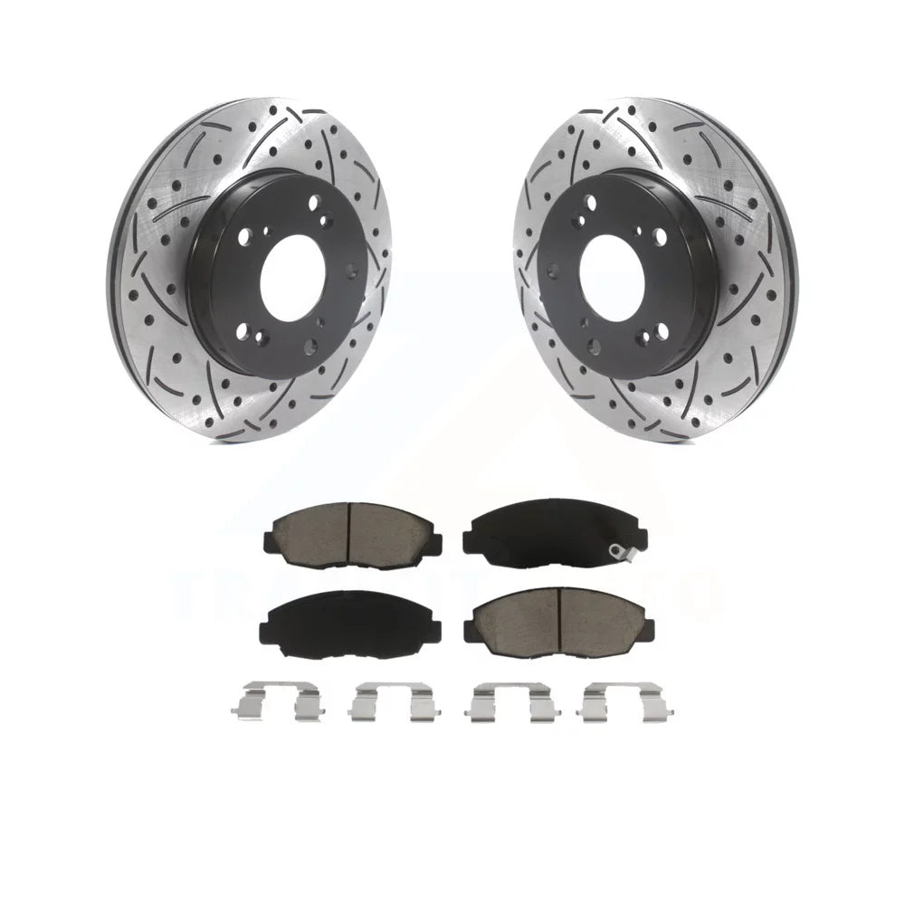 Transit Auto - Front Coated Drilled Slotted Disc Brake Rotors And Ceramic Pads Kit For Honda Civic KDC-100152
