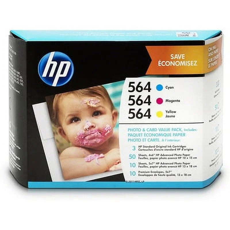 HP 564 Cyan, Magenta, Yellow Ink Cartridges with 50 sheets of 4x6 inch and 10 sheets of 5x7 inch Photo Paper (J2X80AN)