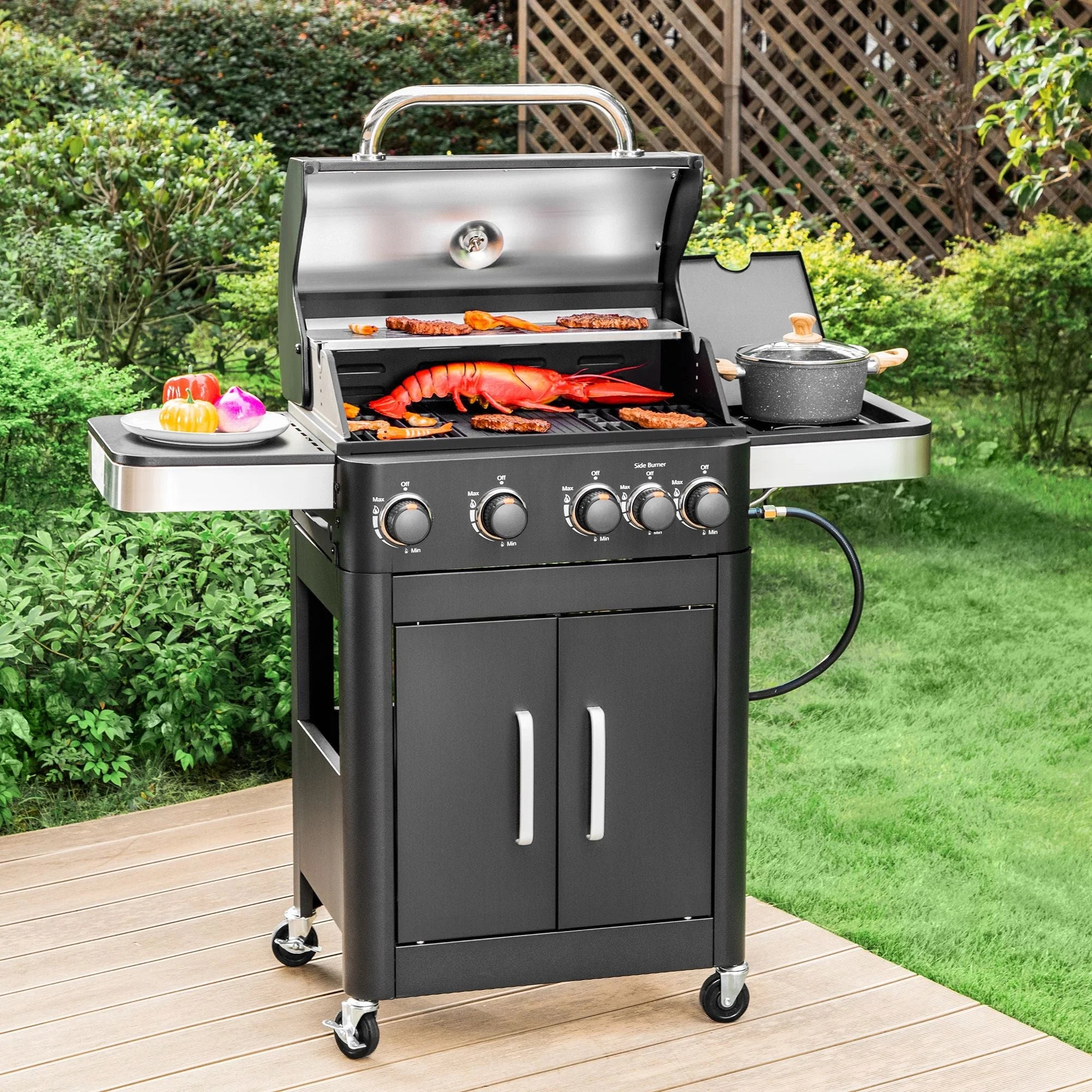 Alpha Joy 4-Burner Propane Gas Grill with Side Burner in Black